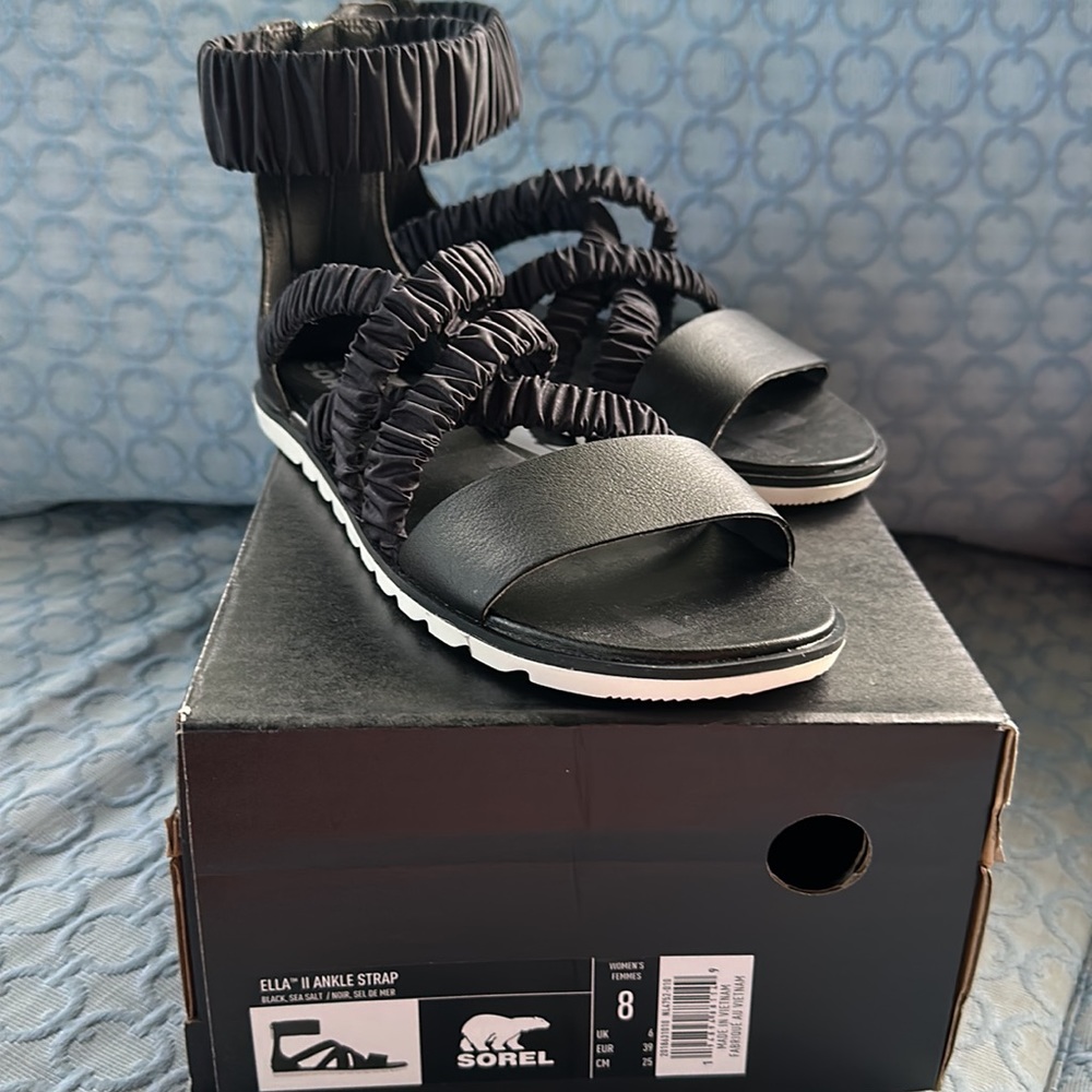 NWT Sorel Ella II Ankle Strap Sandal - Black Sea Salt - Picture 2 of 13